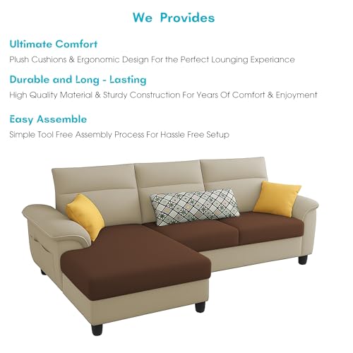 Image of Casaliving Seams LHS 4 Seater L Shape Sofa for Living Room (Cream Brown Fabric) Premium Fabric Sofa