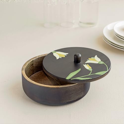 Image of Aurum Crafts Mirra Mango Wood Roti Box 8x8 Inch | Handpainted Wooden Chapati Box with Floral Lid | Wooden Casserole for Kitchen Storage, Dining Table & Serving