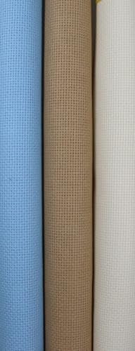 Image of KCS 3 pc of 15 inch x 18 inch(38cmx45cm) 16 Count Cross Stitch Cotton Aida Cloth Needlework Rolled Fabric Box,16CT,Light Blue+Khaki+Antique White