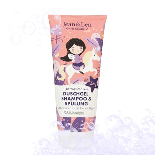 Jean & Len Gel de ducha 3en1, champú y acondicionador para hadas mágicas, para una piel suave y aterciopelada y un cabello liso sin tirones ni ardor en los ojos, gel de ducha para niños, vegano, 200ml