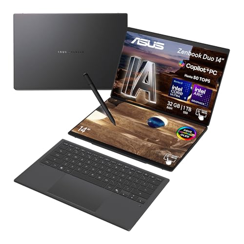 ASUS Zenbook Duo/Intel Core Ultra 9 Serie 3 / ARC Graphics / 50 Tops NPU Dedicada para IA/Doble Pantalla 14' 3K Touch / 32GB-1TB SSD/Stylus + Funda...