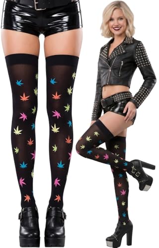 Image of ToBeInStyle Women's Thigh High Stockings Bodystocking Tights Medicinal Cannabis Marijuana Weed Leaf Print Festival Hosiery