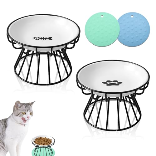2Pcs Katzennäpfe Futternapf Katze Set Mit Erhöht Ständer Metallhalter Base Haustiere Futterschüssel Anti Erbrechen Katzenschüssel für Katzen und...