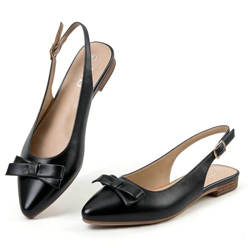 Image of MUSSHOE Slingback Flats for Women: Pointed Toe Bow Flats - Comfortable Dressy Casual Shoes for Work Office Business Party