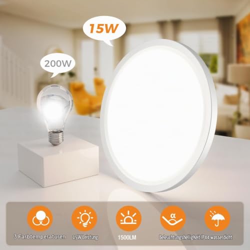 slochi Deckenlampe LED Deckenleuchte Flach, Ø18CM 3Farben 15W 1500LM Weiß – Ansicht 3