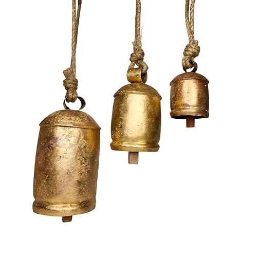 BELLUXE Set of 3 Giant Harmony Cow Bells Huge Vintage Handmade Rustic Lucky Christmas Hanging XL Bells On Rope (Country Rustic, Set of 3, X-Large) (Large)