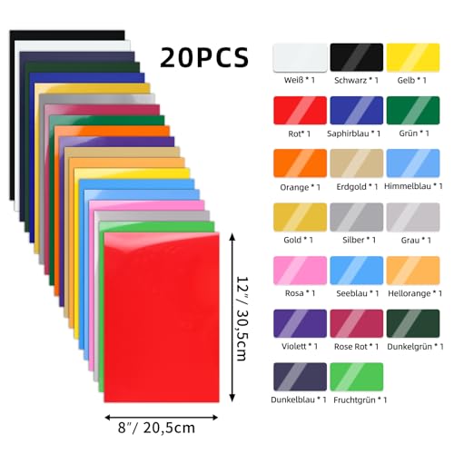 IModeur 20 Blatt Plotterfolie Textil Set - 30,5 x 20 cm Flexfolie Plotter Textil für Kleidung, Hosen, andere Stoffe
