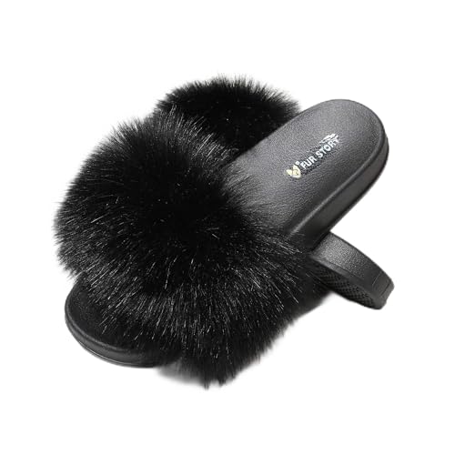 Womens Furry Slides Faux Fur Slides Fuzzy Slippers Fluffy Sandals Outdoor IndoorBlack-8