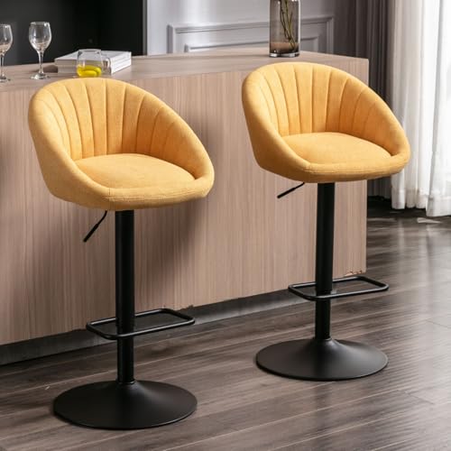 chairus Juego 2 Taburetes de Bar Moderno en Tela Taburetes Alto de Cocina con Reposapiés, Sillas Bar en Altura Ajustable Sillas Altas Giratorias para Isla Cocina/Barra, Amarillo