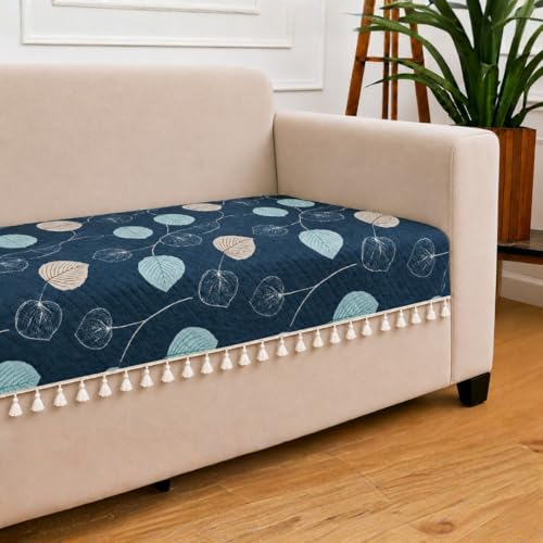 Image of STITCHNEST 'Frostvine Collection' 2 Seater Sofa Cover| Cotton Quilted Fabric, Decorative Tassels, Washable & Durable for Modern Living