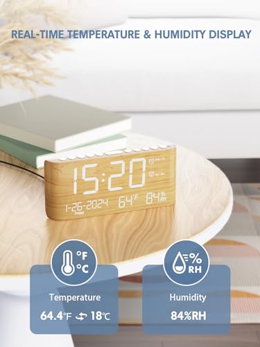 Pplee CR1019 Alarm Clock Large Display,Digital Calendar Clocks With Temperature,Humidity And Date,2 Alarms,4 Alarm Settings,Type C&Usb Charger,Weekday/Weekend Mode,Dimmer&Volume,Wood Desk Alarm Clocks thumb #1