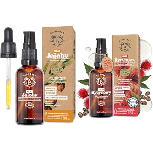 Bionoble Olio di Jojoba Biologico 50ml - 100% Puro, Bottiglia di Vetro + Pipetta + Pompa & Olio di Ricino Biologico 50ml - 100% Puro, Bottiglia di Vetro + Pipetta + Pompa