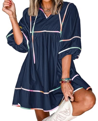 Cicy Bell Womens Babydoll Mini Dresses 3/4 Puff Sleeve V Neck Dress Casual Loose Fit Patchwork Pleated Swing Vacation Outfits Navy