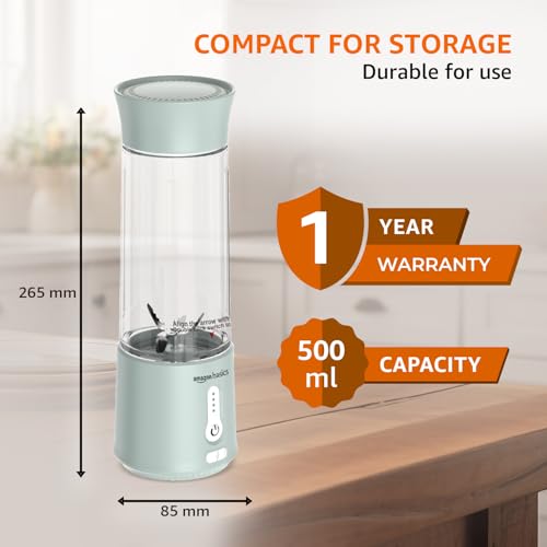 Image of Amazon Basics Portable Hand Blender for Smoothies & Juices | USB Rechargeable | 6 Stainless Steel Blades | 500 ml Food Grade Jar | 1 year Warranty | 2x2000 mAh Batteries (Saga Green)