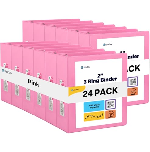 Enday 2 inch 3 Ring Binder (24 Pack - Pink) Binder 2 inch with Clear View Cover and 2 Inside Pocket - for Letter Size 8.5 x 11'' Paper, Ideal for School Supplies, Office, and Home