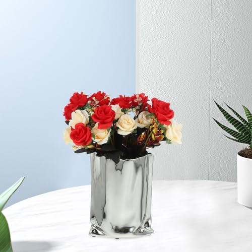 Vase en céramique argenté petit format stable pour fleur séchée