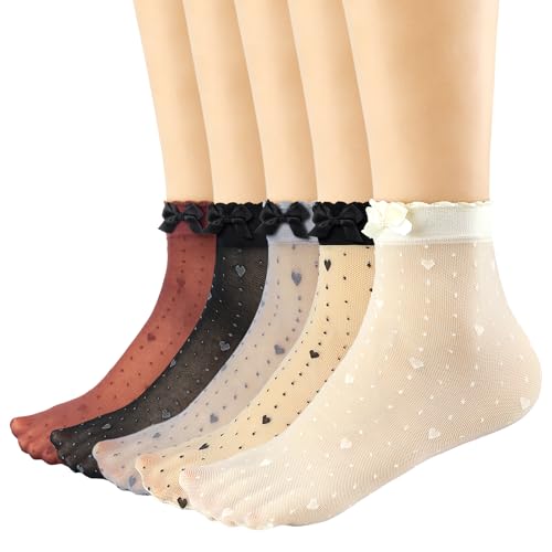 Mcool Mary Women's Sheer Ruffle Socks,Nylon Ankle Socks for Women,Ultra Thin,Cute Multicolor Cool Heart Dots Tulle Sock 5 Pack