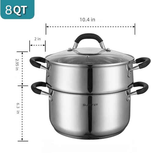 SLOTTET Stainless Steel 8 Quart Stock Pot with Steamer,8 Qt Deep Soup Pot for cooking,Multipurpose Stockpot with silicone Stay-cool Handle.