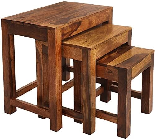 Image of Sheesham Wood Nesting Table Set of 3 Pieces Stool for Living Room | Nesting Stool Sheesham | Wooden Stools | Nesting Table Set of 3 Pieces