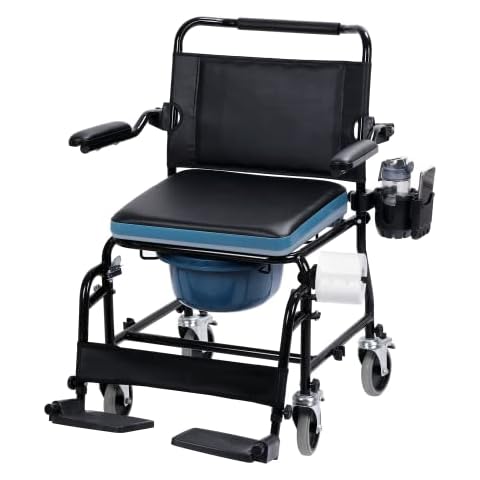 BNEHS Commode Wheelchair with Padded Seat & Flip-Up Armrests, 350lbs Transport Chair for Toilets, Rolling Shower Chair with Locking Wheels for Seniors,Black Cover