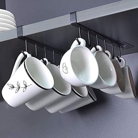 AliCH 2pcs Mug Hooks Under Cabinet Mug Holder Rack,Nail Free Adhesive Coffee Cups Holder Hanger for Cups/Kitchen Utensils/Ties Belts/Scarf/Keys Storage, Fit for 0.8inch Thickness Shelf or Less (BLA) Cover