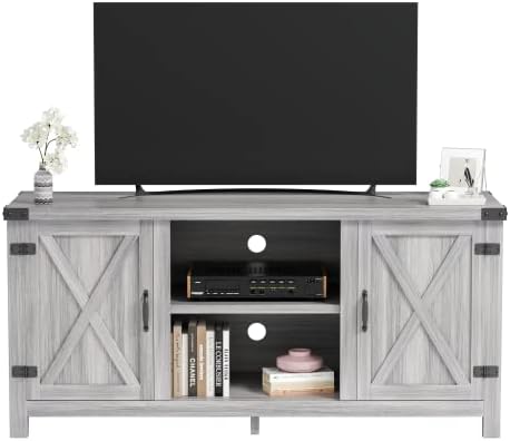 JUMMICO Farmhouse TV Stand for 65 Inch TV, Mid Century Modern Television Stand Entertainment Center for Living Room Bedroom, TV Console Table with Double Barn Doors and Storage Cabinets (Grey)