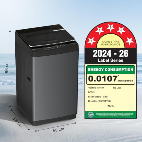 Image of Bosch 9 KG 5 Star Fully Automatic Top Loading Washing Machine,Inbuilt Heater,Glass Lid with chrome finish,Tempered Glass with Soft Closing Lid,Unique display with 10 Button, Vietnam Black,(WOE90EV0IN)