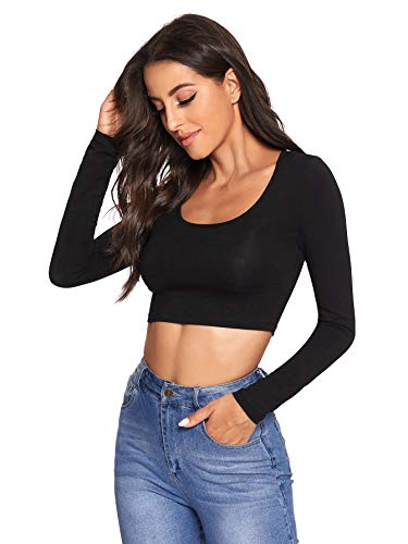 Verdusa Women's Casual Scoop Neck Long Sleeve Slim Fit Solid Crop Top Shirt Black L #TOP2