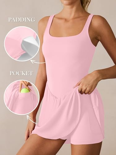 Image of Caracilia Women Tennis Golf Dress with Pocket | Square Neck 2 Layers Hem, Built in Shorts and Bra, Workout Athletic Active Gym, Summer Clothes