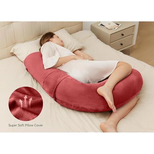 Image of J-Shaped Sleeping Pregnancy Pillow| Removable Velvet Covers| PregnoCare Fibres| Baby Shower Gift, Maternity, Nursing| Full Body Soft-Support Bump, Head, Back, Shoulder, Hips, Legs and Belly (Red)