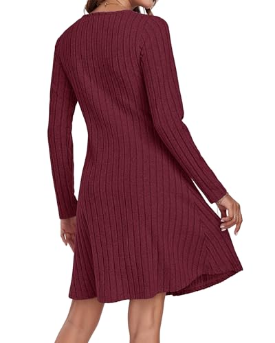 AUSELILY Herbstkleid Damen Strickkleid Dekorative KnöPfe Leichte Langarm Kleid Herbst Winter V-Ausschnitt A Linien Pulloverkleid Winterkleid Elegant Weinrot 2XL