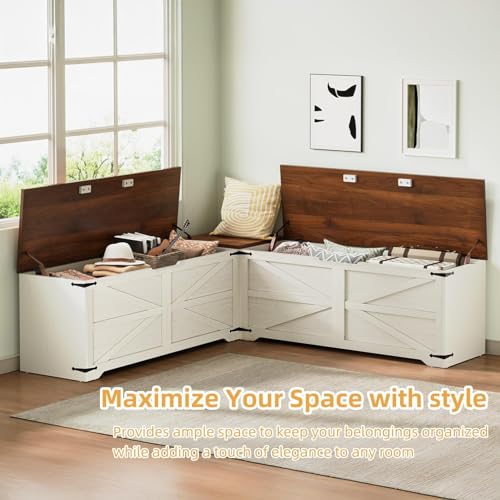 DWVO L-Shaped Storage Bench, 18" High Corner Dining Bench with Storage, Wooden Nook Storage Chest for Living Room, Bedroom
