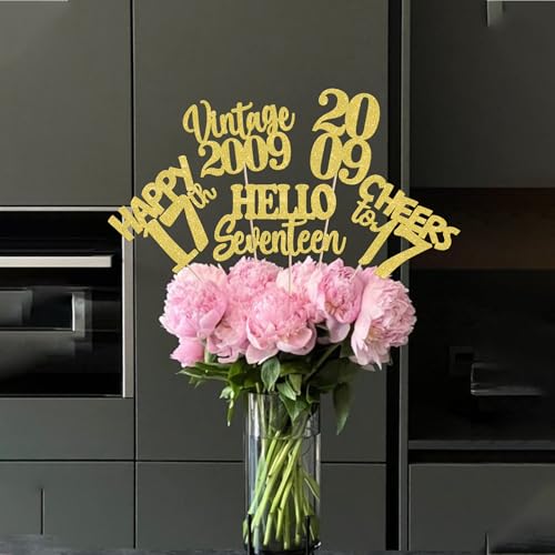 Image of 15 PCS 17th Birthday Centerpiece Sticks Seventeen Happy 17 Vintage 2009 Table Flower Centerpieces Sticks Cheers to 17 Fabulous Floral Decorations for 17th Birthday Party Supplies Gold
