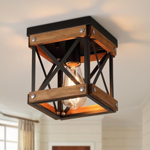 Rustic Farmhouse Wood Flush Mount Ceiling Light Fixture Oak Wood and Metal Square Cage Small Semi Flush Mount Ceiling Light for Kitchen Hallway Entryway Bedroom Farmhouse Country, Black by RKUCSR - Used condition - CA$39.58