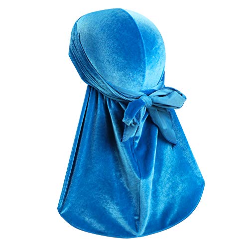 Luxury Velvet Wave Durag - Soft Durag Headwraps with Extra Long Tail and Wide Straps for 360 Waves Baby Blue