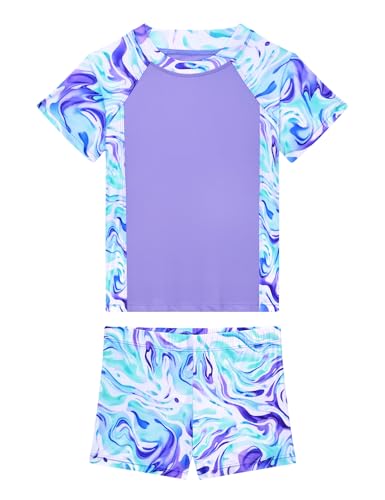 Image of Girls Swimsuit 2 Piece Rash Guard Set Short Sleeve Bathing Suits UPF 50+ Summer Beach Swimwear