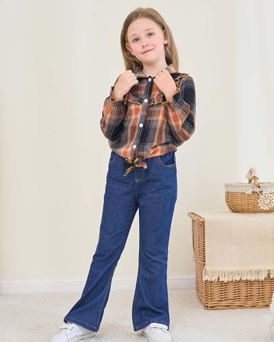 Image of Renotemy Kids Little Toddler Girl Clothes Button Down Tie Front Shirt + Bell Bottoms Jeans Girls 2 Piece Outfits Clothing Set