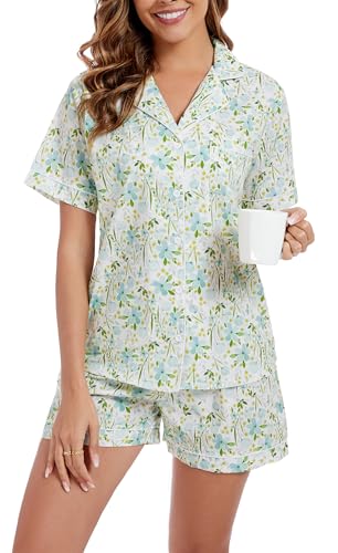 Image of LUBOT 100% Cotton Pajamas for Women 2 Piece PJ Set Poplin Woven Lightweight Ladies Button Short Sleeve Sleepwear S-XXL
