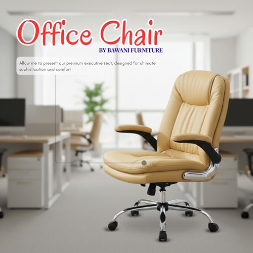 Image of Premium Leatherette Executive Office Chair with Chrome Base & Padded Armrests | Adjustable Height Swivel Desk Chair for Office & Home (Khaki)
