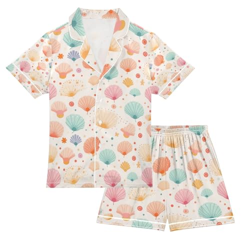 Cartoon Scallop Satin Summer Pajama Sets Silk Short Sleeve Button Down Sleepwear