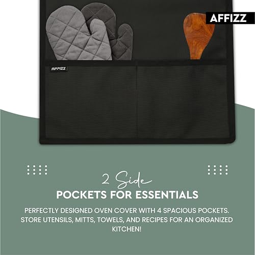 Image of Microwave Cover Top - Waterproof Dustproof Polyester Oven Cover for Kitchen with 4 Side Pockets, Modern Design, Black (100 x 35 cm)