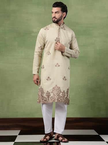 Image of SOJANYA (Since 1958 Men's Cotton Contrast Coffee Thread Embroidered Long Kurta