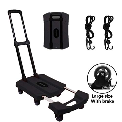 Folding Hand Truck + 3inch 6 Wheel-roate Rubber Tires + Break System +Heavy Duty Solid Construction Utility Collapsible Foldable Dolly Trolley Cart Compact & Lightweight for Luggage (Black-3inch tire)