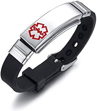 VNOX Stainless Steel Customization Personalized Medical Alert ID Adjustable Silicon Cuff Bracelet
