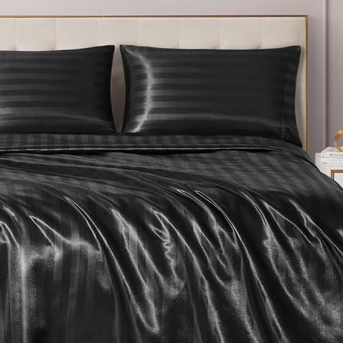Juicy Couture Juego de sábanas de satén sedoso de damasco, ropa de cama negra de lujo, sábanas de satén suave a rayas, tamaño King