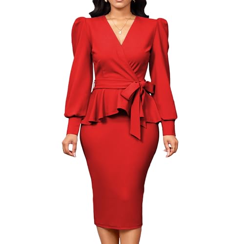 IbuduSexy Damen Kirchenkleider, Rot, Mittel, Bleistiftkleid, Elegant, Sexy, Business-Outfits, Einfarbig, Midi, V-Ausschnitt, Langarm, Fitted,...