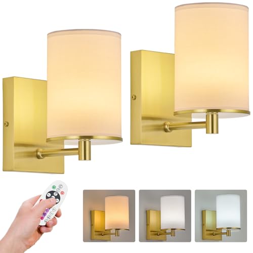 Image of Battery Operated Wall Sconce Set of Two,13 RGB Colors Dimmable Rechargeable Wall Sconces with Remote Control,Wall Lights with Cylinder White Fabric Shade for Bedroom Living Room