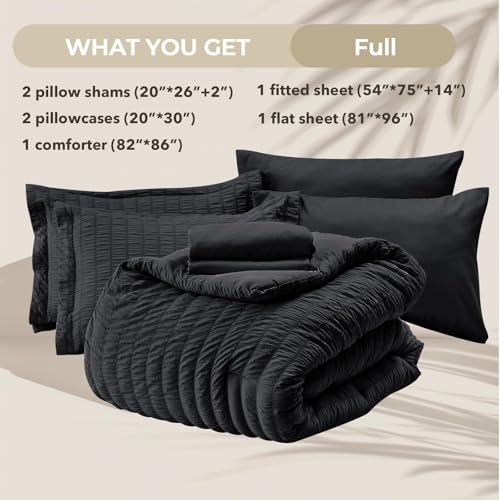 Image of HYMOKEGE Black Full Size Comforter Sets Seersucker 7 Pieces, All Season Luxury Bed in a Bag for Bedroom, Bedding Set with Comforters, Sheets, Pillowcases & Shams