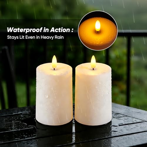 Image of Raycare 3 inchx4.5 inch White Outdoor Waterproof Flameless Candles with Remote and Timer, Realistic LED Candles, Battery Operated Electric Fake Pillar Candles for Porch, Patio, Garden, Set of 2