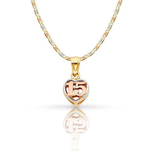 Ioka 14K Tri Color Gold Sweet 15 Years Quinceanera Heart Charm Pendant with 1.5mm Valentino Chain Necklace